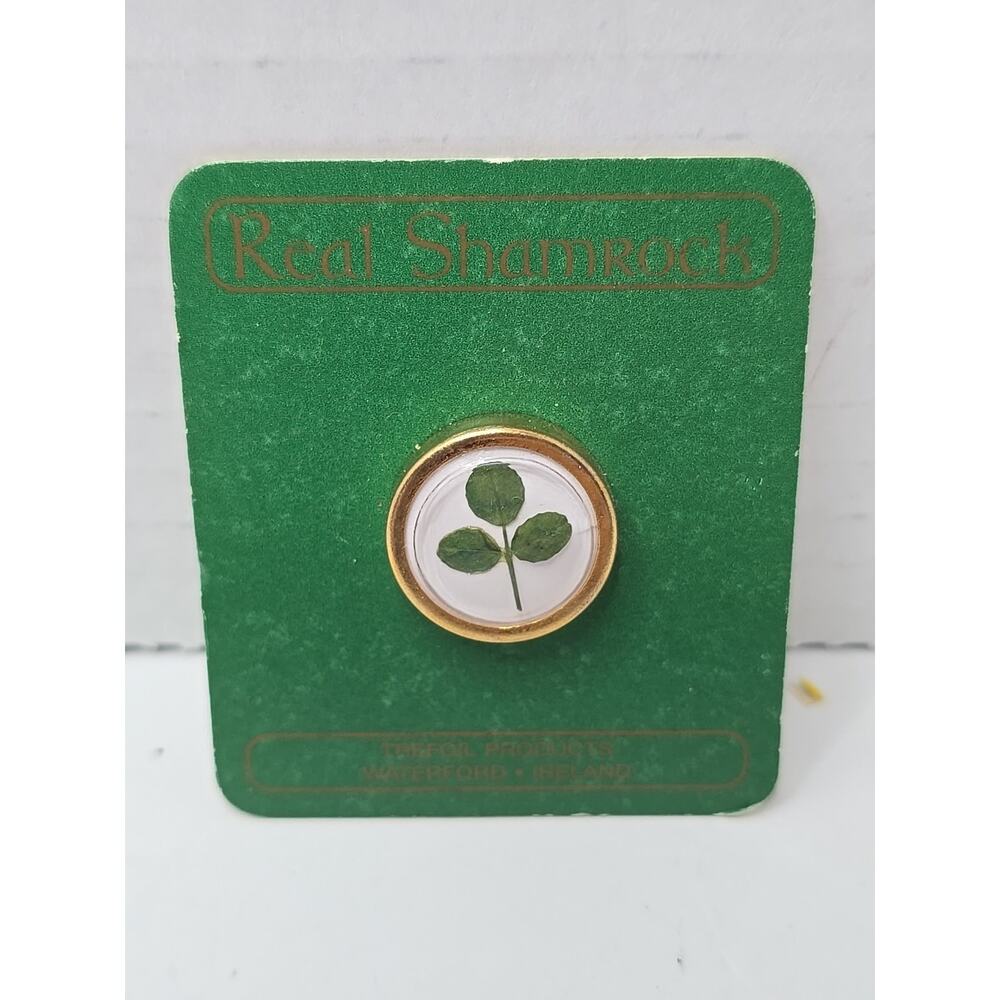 New Real Encased Three 3 Leaf Clover Shamrock Lucky Lapel Pin Tie Tack Vintage